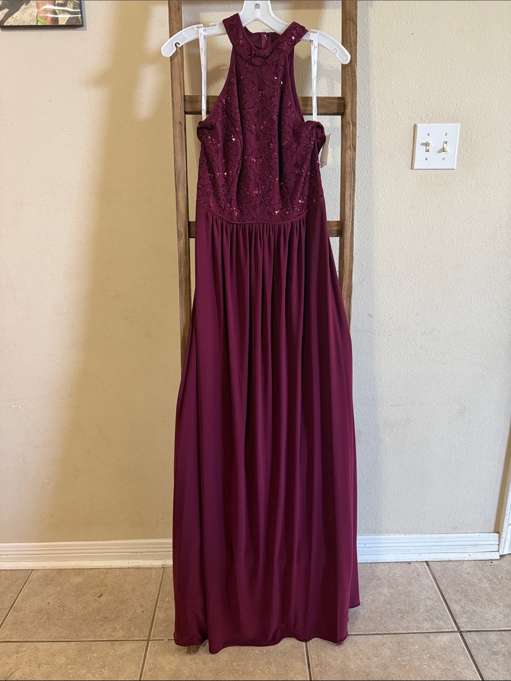 Embellished Halter Maxi Dress in Burgundy